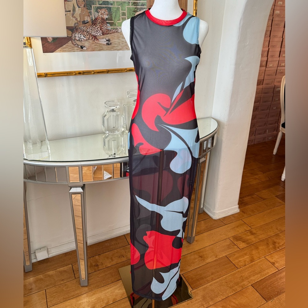 Long Printed Mesh Dress